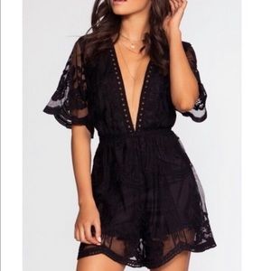 She and Sky Deep V Lace Romper Black Size Large